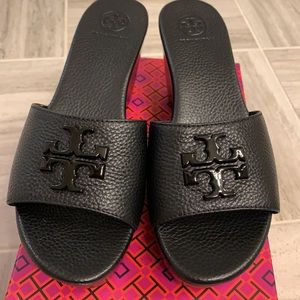 Tory Burch black leather wedge slide